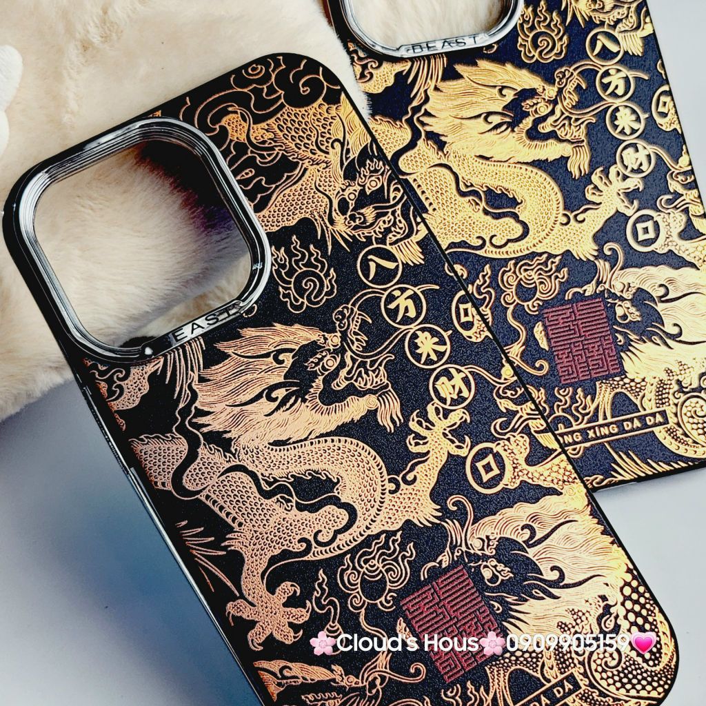 Case Ốp điện thoại iPhone Rồng Vàng Đen viền Titan iPhone 11/12/13/14/15/Pro/Promax - TẾT