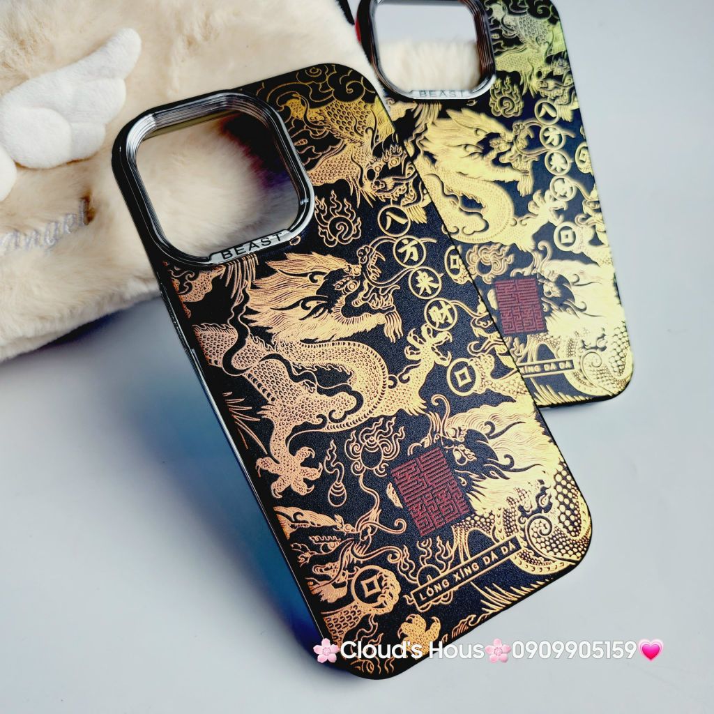 Case Ốp điện thoại iPhone Rồng Vàng Đen viền Titan iPhone 11/12/13/14/15/Pro/Promax - TẾT