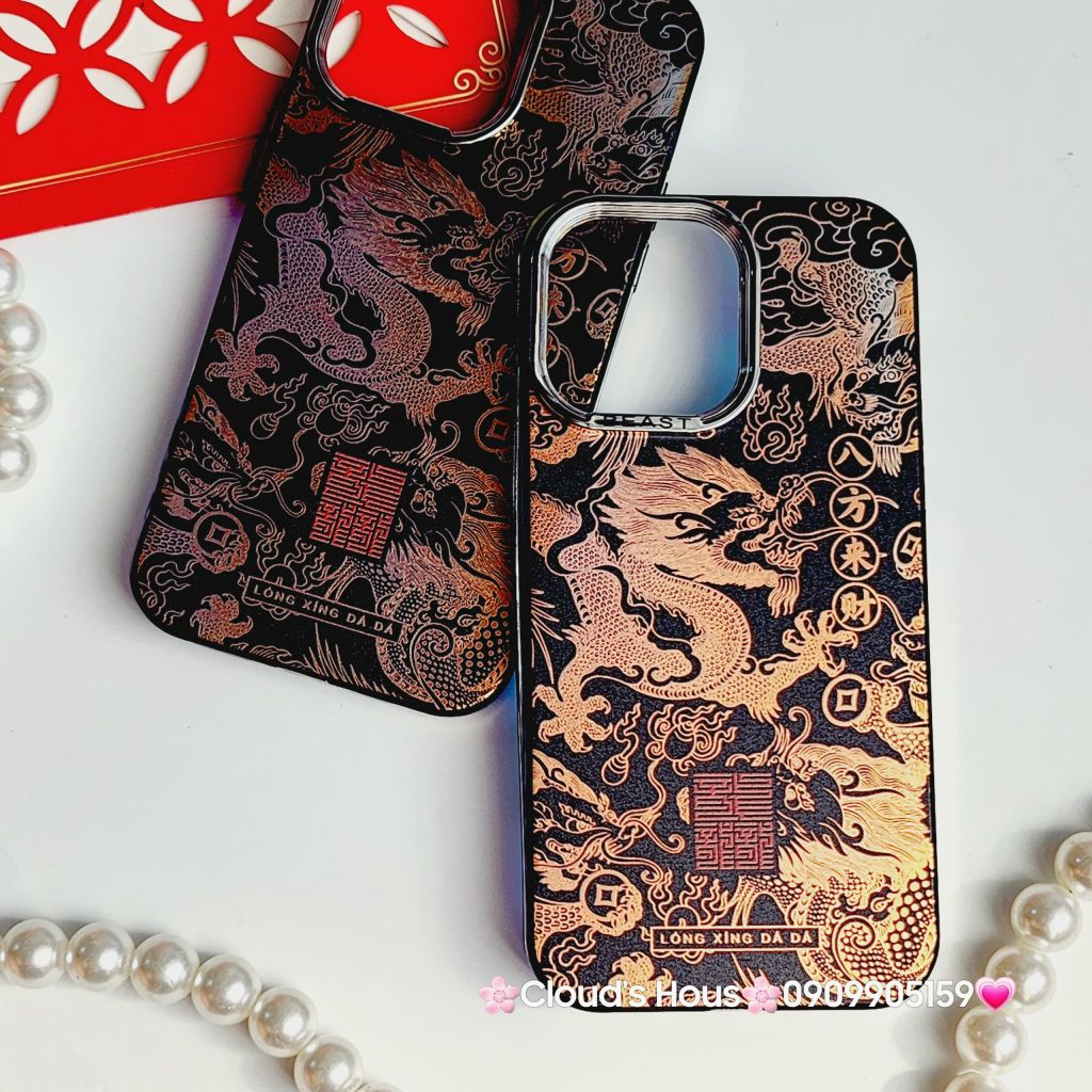 Case Ốp điện thoại iPhone Rồng Vàng Đen viền Titan iPhone 11/12/13/14/15/Pro/Promax - TẾT