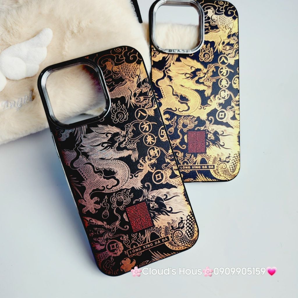 Case Ốp điện thoại iPhone Rồng Vàng Đen viền Titan iPhone 11/12/13/14/15/Pro/Promax - TẾT
