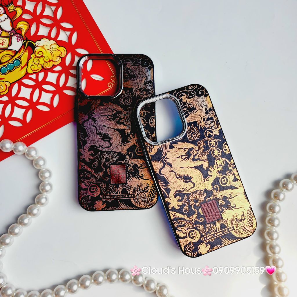 Case Ốp điện thoại iPhone Rồng Vàng Đen viền Titan iPhone 11/12/13/14/15/Pro/Promax - TẾT