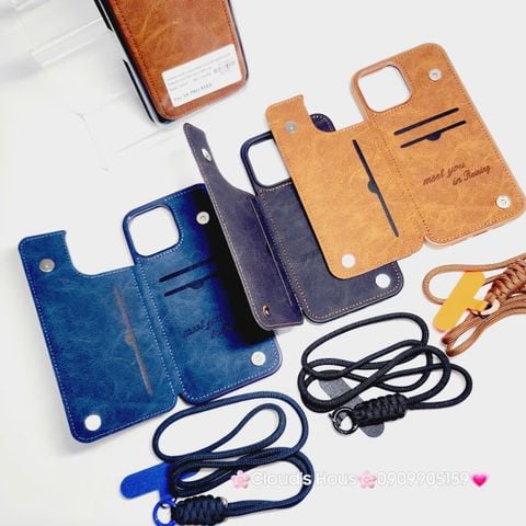 Case Ốp điện thoại iPhone Da Đựng Thẻ Chống Dựng Kèm Dây Đeo iPhone 13/14/15/16/Pro/Promax