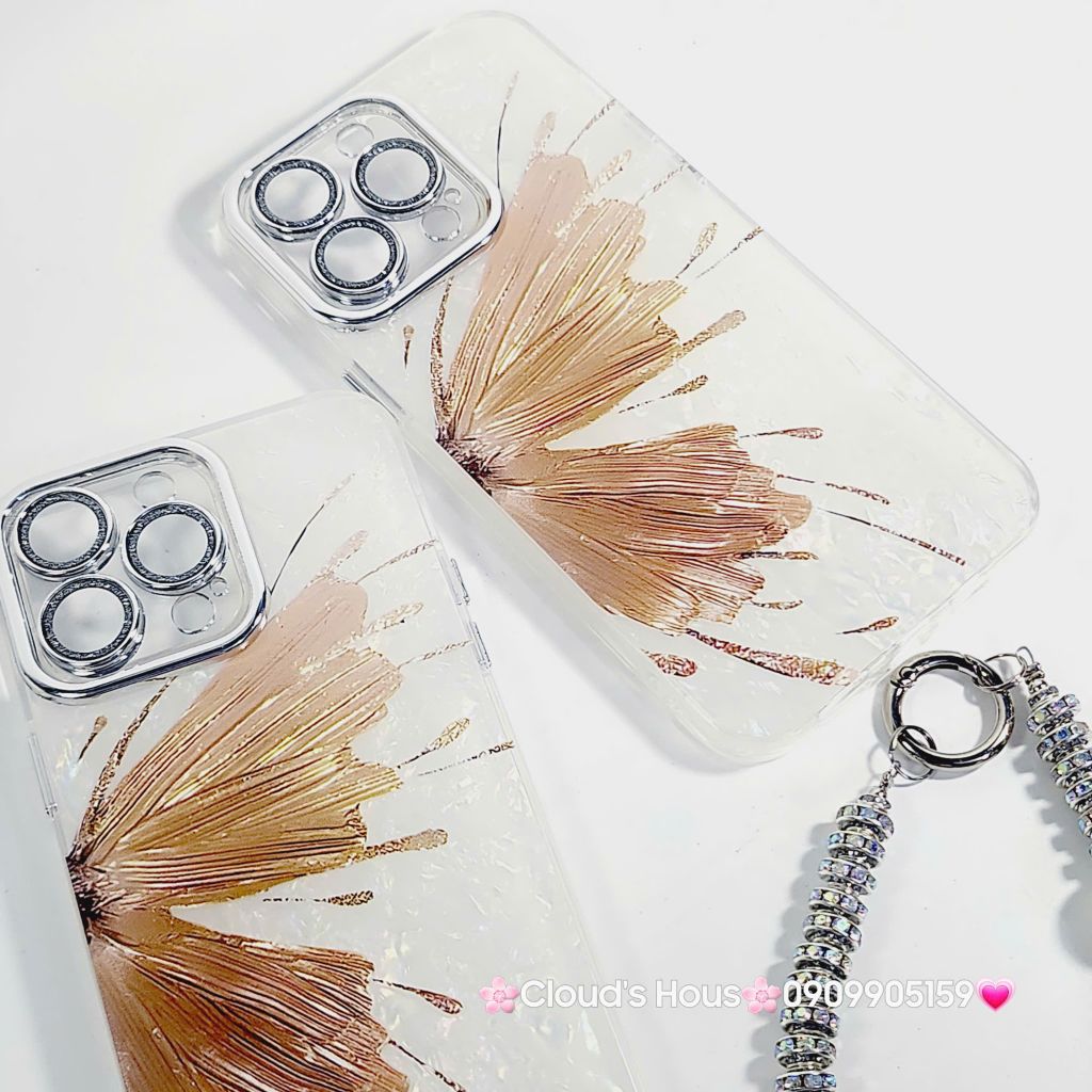 Case Ốp điện thoại iPhone Bướm Nâu Nền Trắng Ánh Xà Cừ Bảo Vệ Camera Đính đá iPhone 11/12/13/14/15/16/Pro/Promax