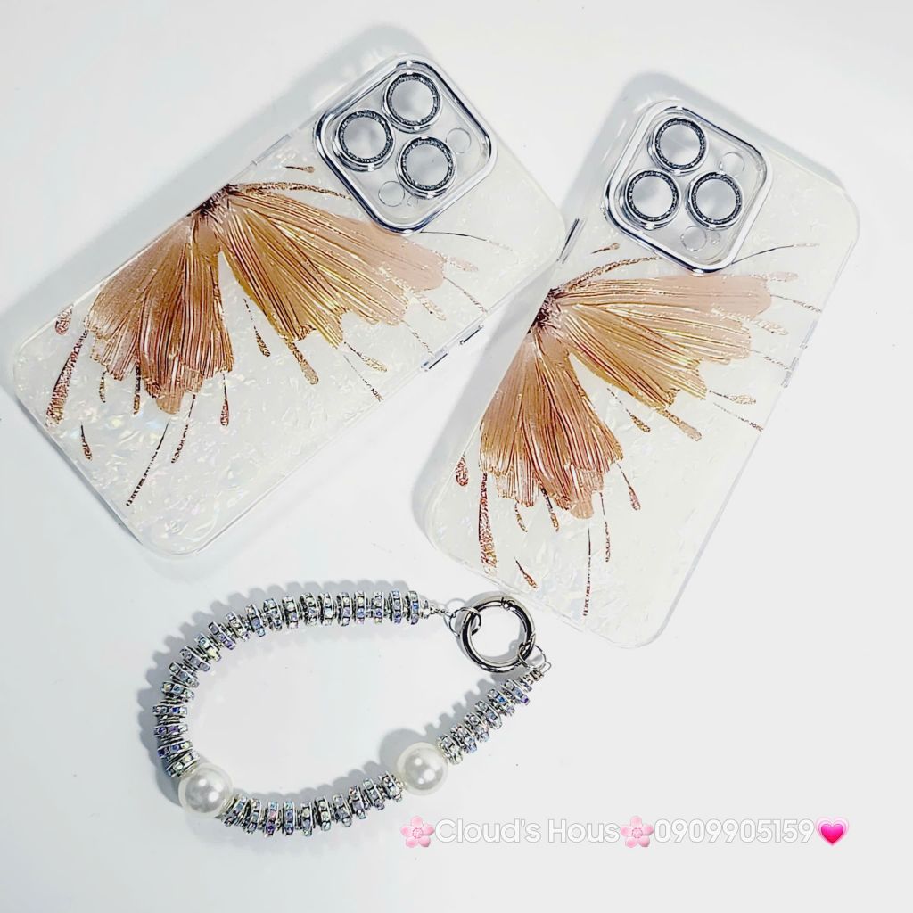 Case Ốp điện thoại iPhone Bướm Nâu Nền Trắng Ánh Xà Cừ Bảo Vệ Camera Đính đá iPhone 11/12/13/14/15/16/Pro/Promax
