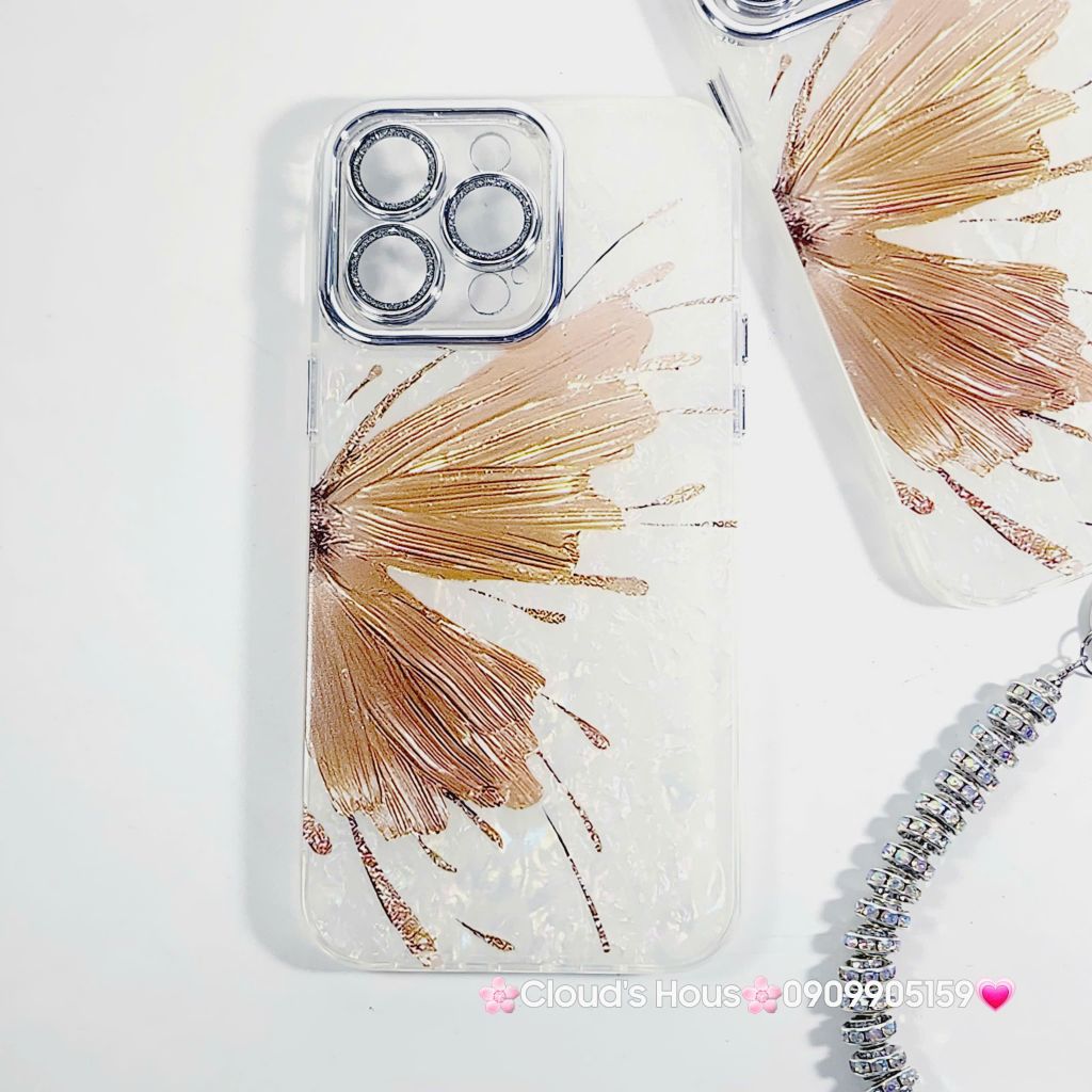 Case Ốp điện thoại iPhone Bướm Nâu Nền Trắng Ánh Xà Cừ Bảo Vệ Camera Đính đá iPhone 11/12/13/14/15/16/Pro/Promax
