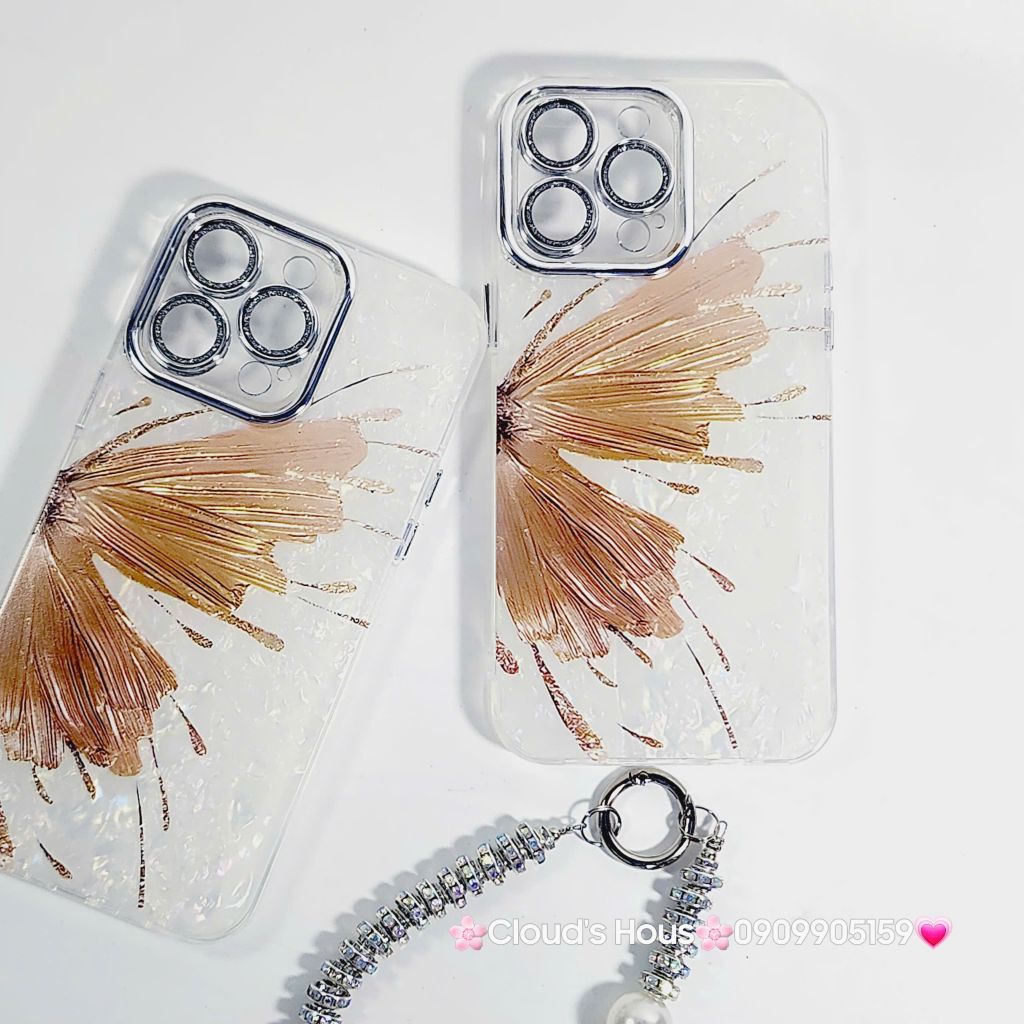 Case Ốp điện thoại iPhone Bướm Nâu Nền Trắng Ánh Xà Cừ Bảo Vệ Camera Đính đá iPhone 11/12/13/14/15/16/Pro/Promax