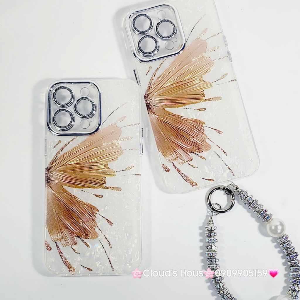 Case Ốp điện thoại iPhone Bướm Nâu Nền Trắng Ánh Xà Cừ Bảo Vệ Camera Đính đá iPhone 11/12/13/14/15/16/Pro/Promax