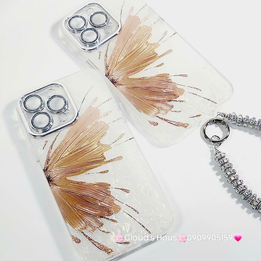 Case Ốp điện thoại iPhone Bướm Nâu Nền Trắng Ánh Xà Cừ Bảo Vệ Camera Đính đá iPhone 11/12/13/14/15/16/Pro/Promax