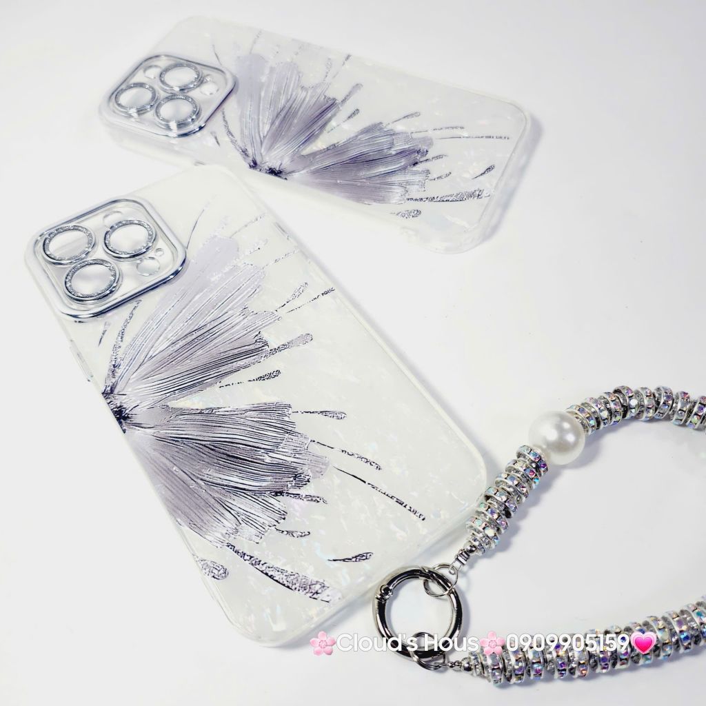 Case Ốp điện thoại iPhone Bướm Bạc Nền Trắng Ánh Xà Cừ Bảo Vệ Camera Đính đá iPhone 11/12/13/14/15/16/Pro/Promax