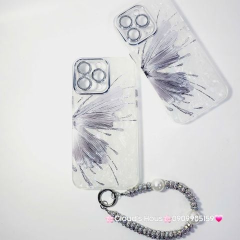 Case Ốp điện thoại iPhone Bướm Bạc Nền Trắng Ánh Xà Cừ Bảo Vệ Camera Đính đá iPhone 11/12/13/14/15/16/Pro/Promax