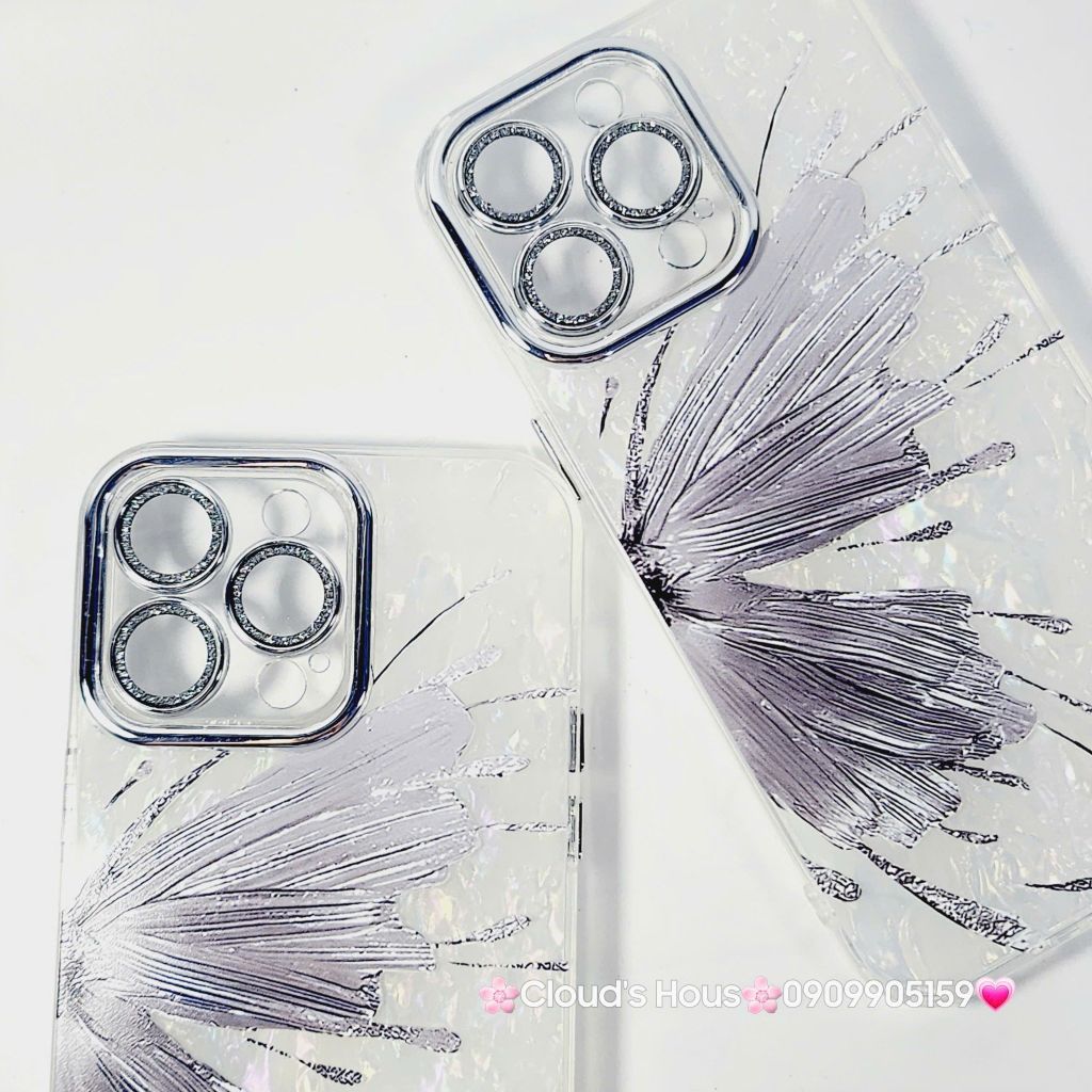 Case Ốp điện thoại iPhone Bướm Bạc Nền Trắng Ánh Xà Cừ Bảo Vệ Camera Đính đá iPhone 11/12/13/14/15/16/Pro/Promax