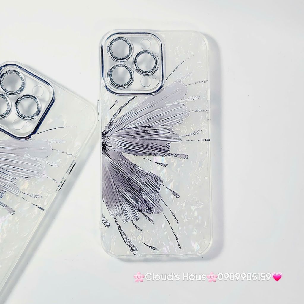 Case Ốp điện thoại iPhone Bướm Bạc Nền Trắng Ánh Xà Cừ Bảo Vệ Camera Đính đá iPhone 11/12/13/14/15/16/Pro/Promax
