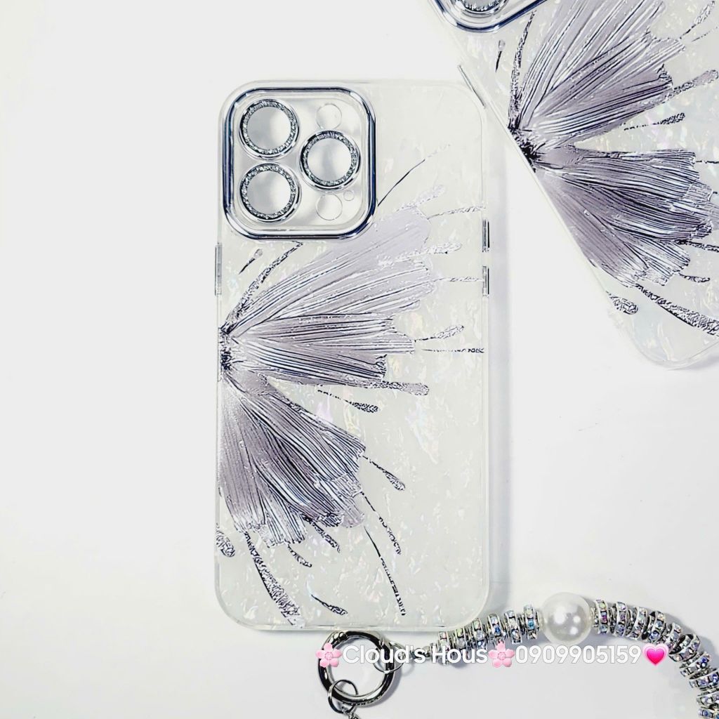 Case Ốp điện thoại iPhone Bướm Bạc Nền Trắng Ánh Xà Cừ Bảo Vệ Camera Đính đá iPhone 11/12/13/14/15/16/Pro/Promax