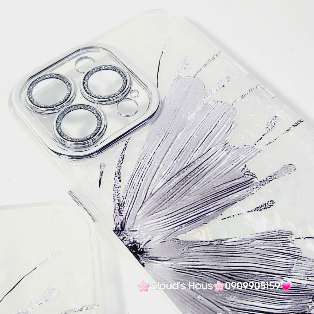 Case Ốp điện thoại iPhone Bướm Bạc Nền Trắng Ánh Xà Cừ Bảo Vệ Camera Đính đá iPhone 11/12/13/14/15/16/Pro/Promax