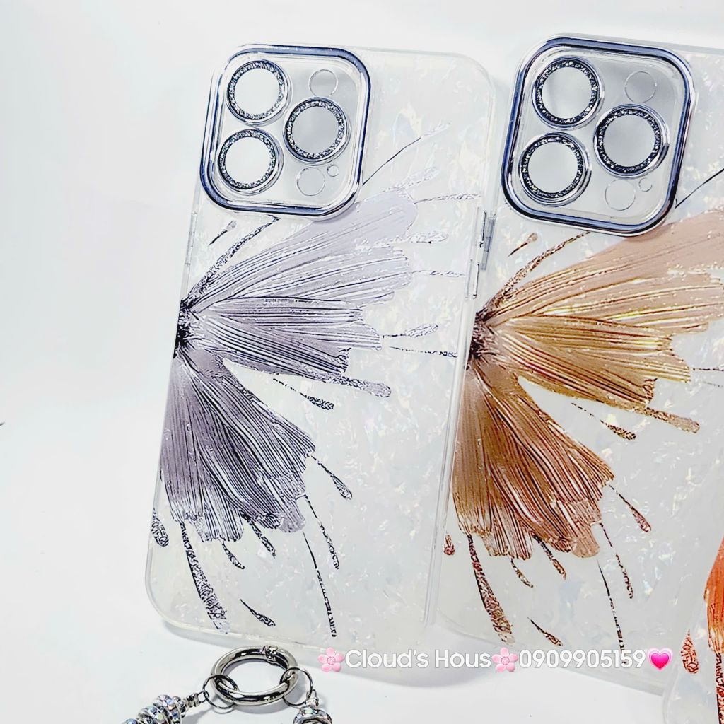 Case Ốp điện thoại iPhone Bướm Nâu Nền Trắng Ánh Xà Cừ Bảo Vệ Camera Đính đá iPhone 11/12/13/14/15/16/Pro/Promax