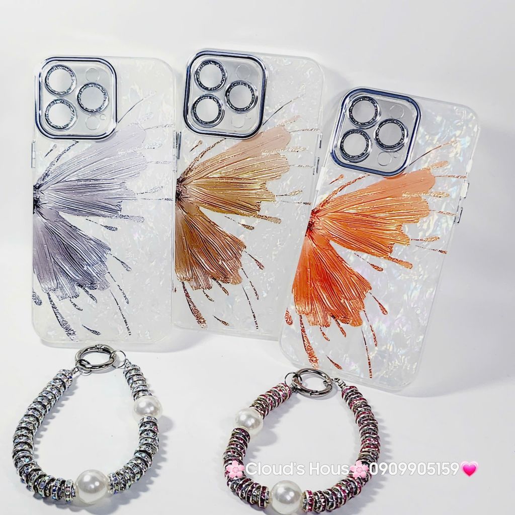 Case Ốp điện thoại iPhone Bướm Cam Nền Trắng Ánh Xà Cừ Bảo Vệ Camera Đính đá iPhone 11/12/13/14/15/16/Pro/Promax