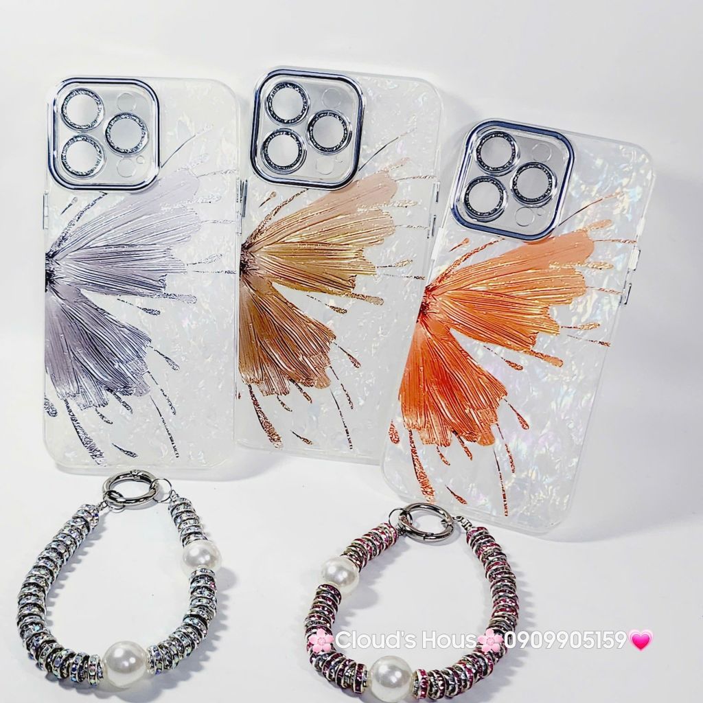Case Ốp điện thoại iPhone Bướm Nâu Nền Trắng Ánh Xà Cừ Bảo Vệ Camera Đính đá iPhone 11/12/13/14/15/16/Pro/Promax
