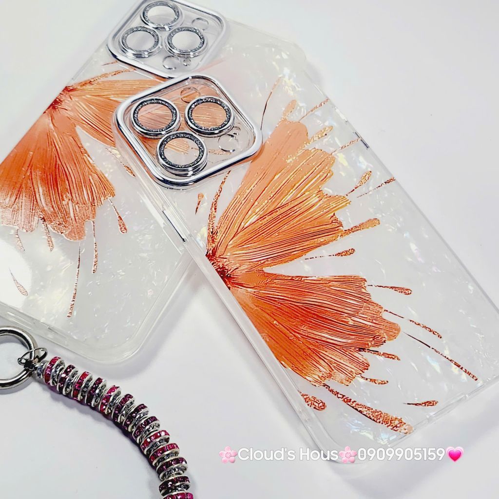 Case Ốp điện thoại iPhone Bướm Cam Nền Trắng Ánh Xà Cừ Bảo Vệ Camera Đính đá iPhone 11/12/13/14/15/16/Pro/Promax