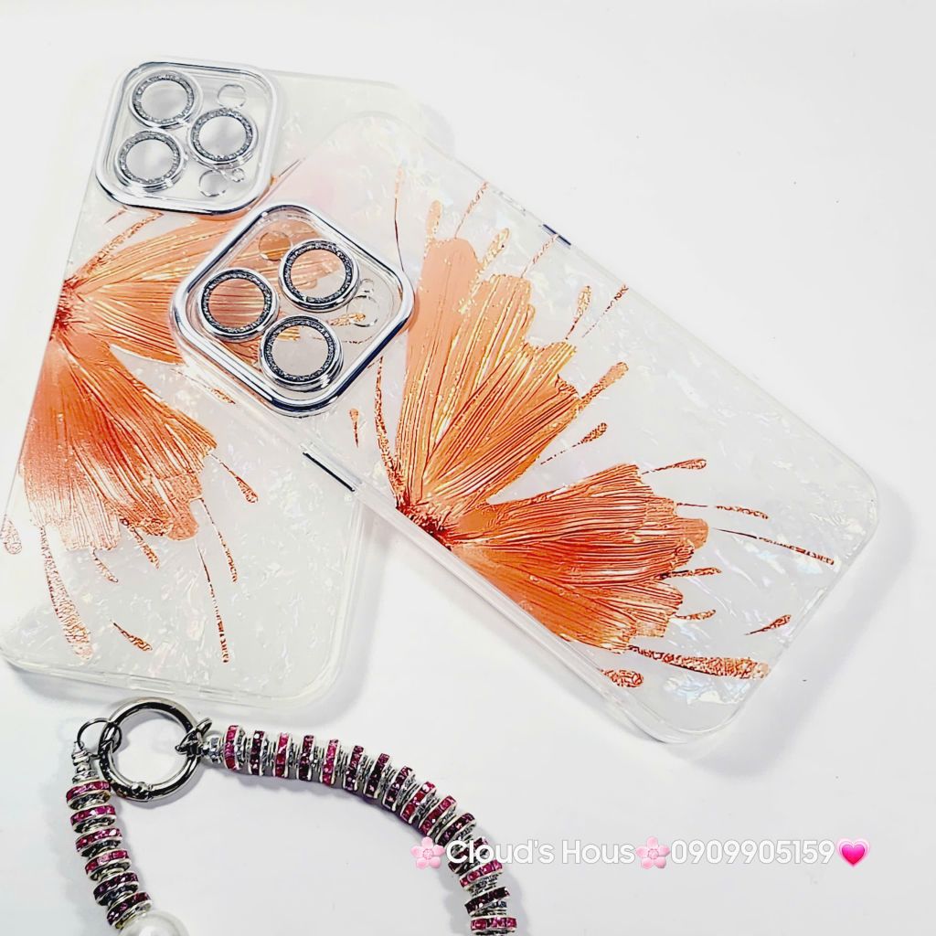 Case Ốp điện thoại iPhone Bướm Cam Nền Trắng Ánh Xà Cừ Bảo Vệ Camera Đính đá iPhone 11/12/13/14/15/16/Pro/Promax