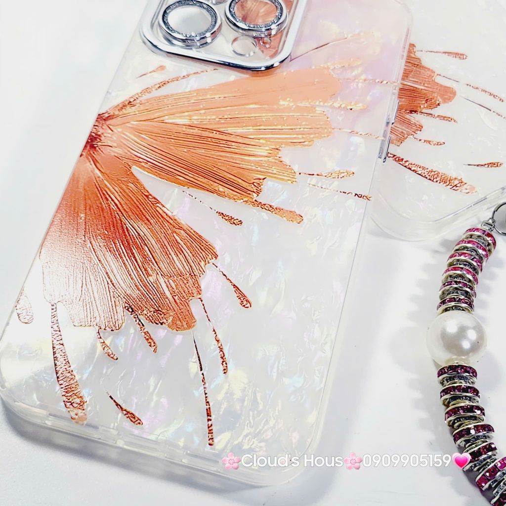 Case Ốp điện thoại iPhone Bướm Cam Nền Trắng Ánh Xà Cừ Bảo Vệ Camera Đính đá iPhone 11/12/13/14/15/16/Pro/Promax