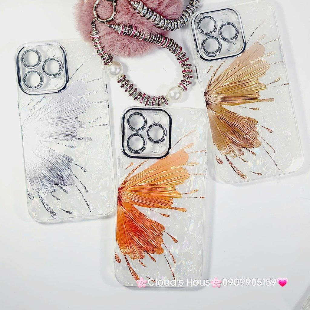 Case Ốp điện thoại iPhone Bướm Bạc Nền Trắng Ánh Xà Cừ Bảo Vệ Camera Đính đá iPhone 11/12/13/14/15/16/Pro/Promax
