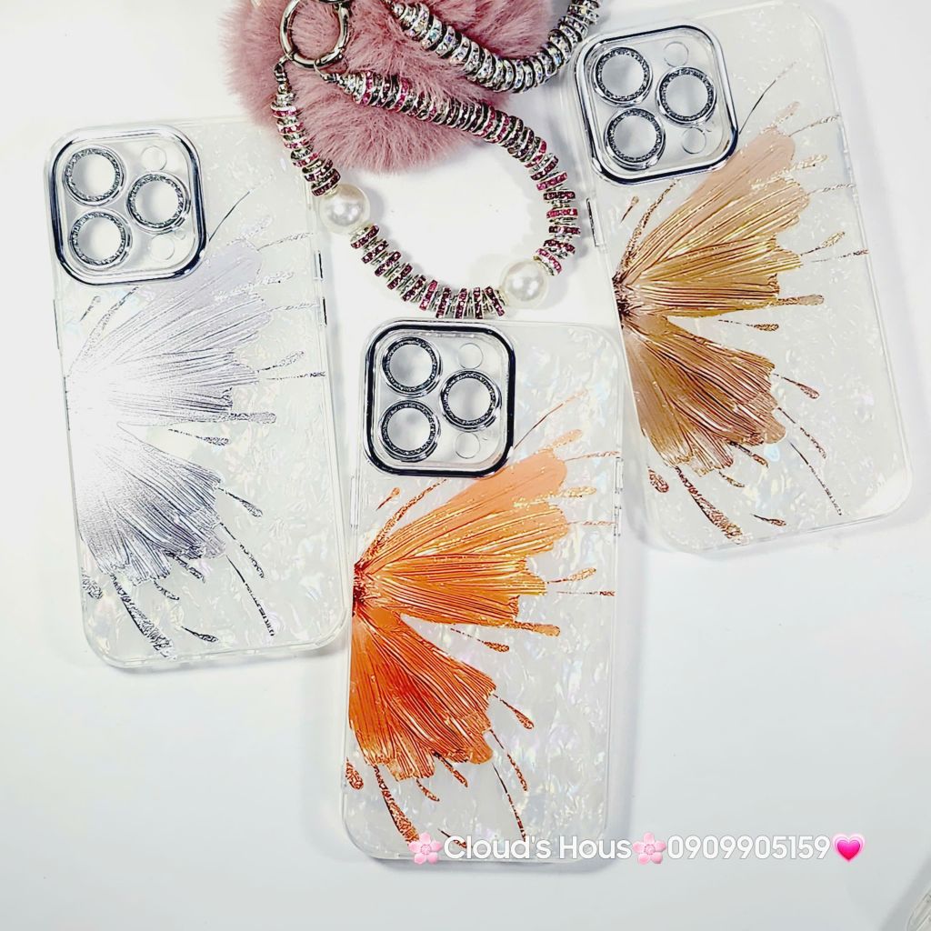 Case Ốp điện thoại iPhone Bướm Nâu Nền Trắng Ánh Xà Cừ Bảo Vệ Camera Đính đá iPhone 11/12/13/14/15/16/Pro/Promax