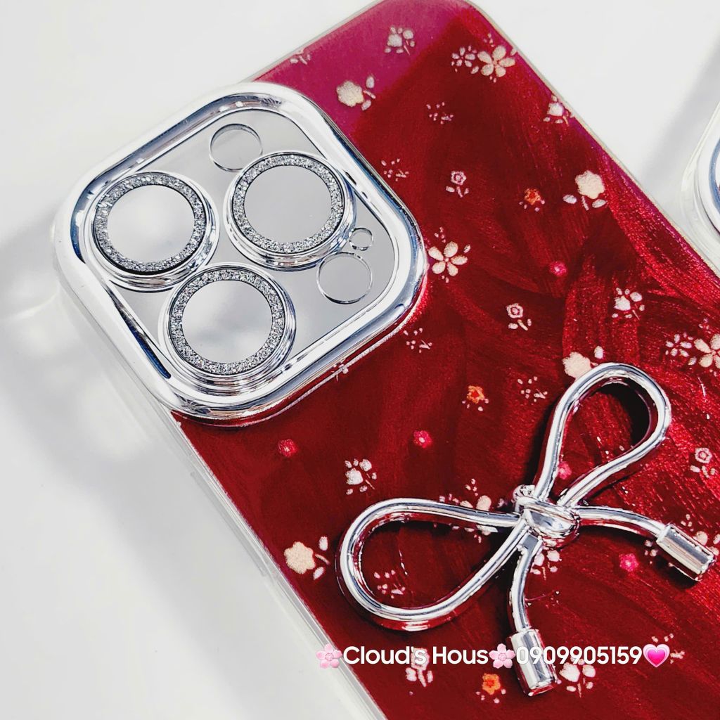 Case Ốp điện thoại iPhone Nơ Bạc Đỏ Bảo vệ camera đính đá iPhone 11/12/13/14/15/16/Pro/Promax