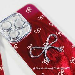 Case Ốp điện thoại iPhone Nơ Bạc Đỏ Bảo vệ camera đính đá iPhone 11/12/13/14/15/16/Pro/Promax