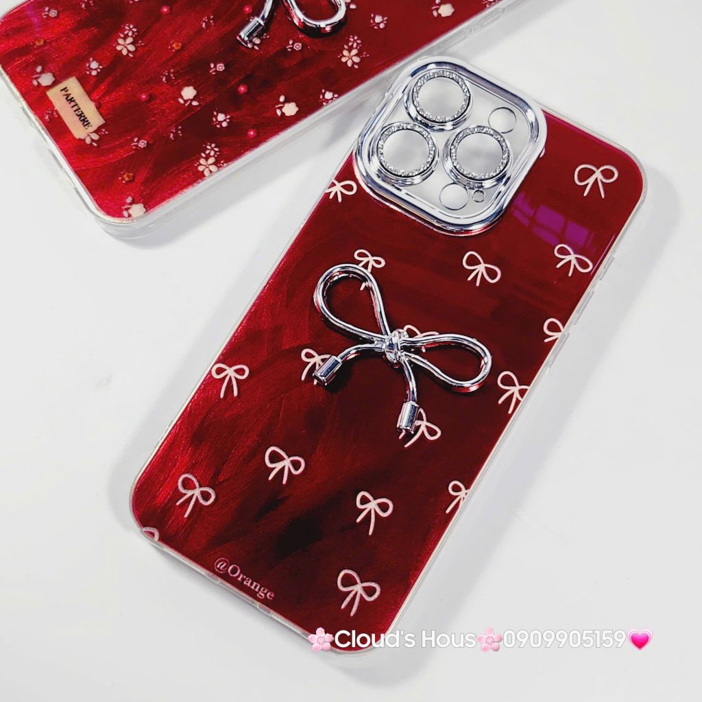 Case Ốp điện thoại iPhone Nơ Bạc Đỏ Bảo vệ camera đính đá iPhone 11/12/13/14/15/16/Pro/Promax