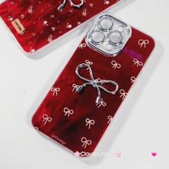 Case Ốp điện thoại iPhone Nơ Bạc Đỏ Bảo vệ camera đính đá iPhone 11/12/13/14/15/16/Pro/Promax