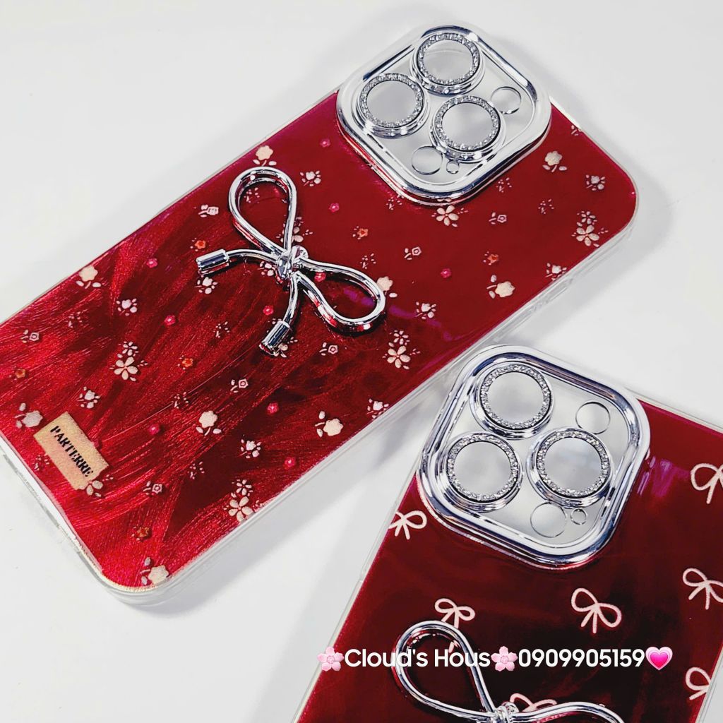 Case Ốp điện thoại iPhone Nơ Bạc Đỏ Bảo vệ camera đính đá iPhone 11/12/13/14/15/16/Pro/Promax