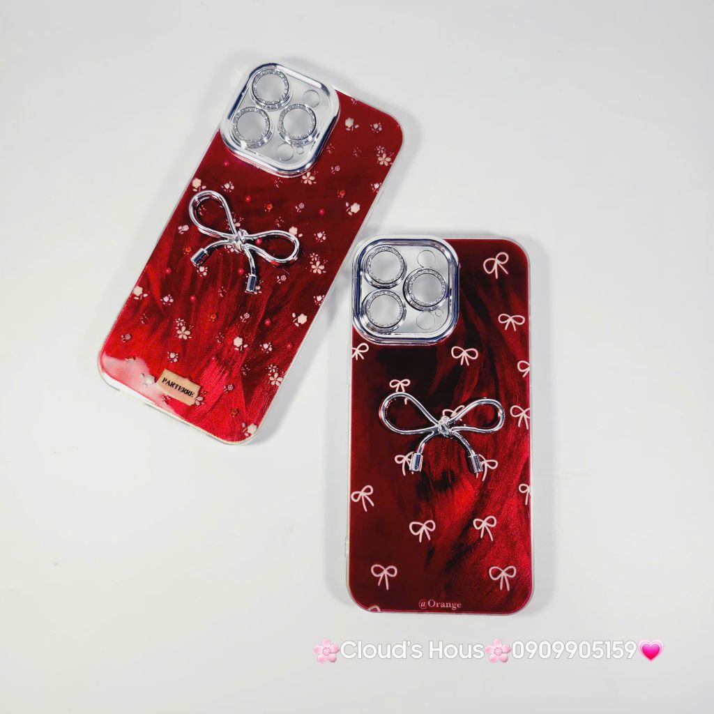 Case Ốp điện thoại iPhone Nơ Bạc Đỏ Bảo vệ camera đính đá iPhone 11/12/13/14/15/16/Pro/Promax