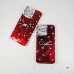 Case Ốp điện thoại iPhone Nơ Bạc Đỏ Bảo vệ camera đính đá iPhone 11/12/13/14/15/16/Pro/Promax
