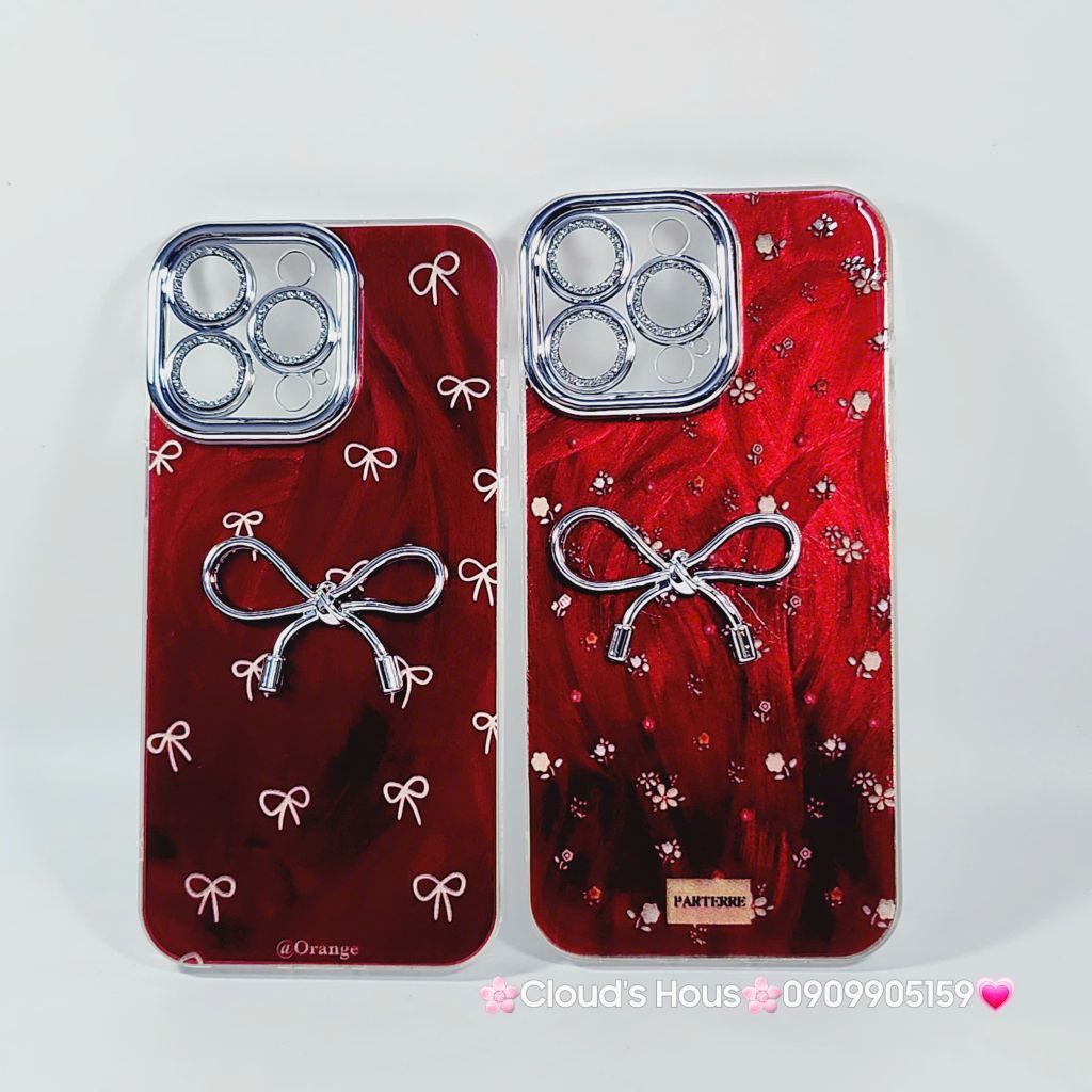 Case Ốp điện thoại iPhone Nơ Bạc Đỏ Bảo vệ camera đính đá iPhone 11/12/13/14/15/16/Pro/Promax