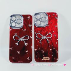 Case Ốp điện thoại iPhone Nơ Bạc Đỏ Bảo vệ camera đính đá iPhone 11/12/13/14/15/16/Pro/Promax