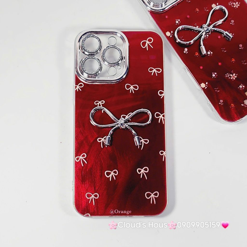 Case Ốp điện thoại iPhone Nơ Bạc Đỏ Bảo vệ camera đính đá iPhone 11/12/13/14/15/16/Pro/Promax