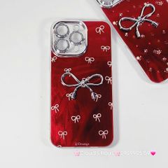 Case Ốp điện thoại iPhone Nơ Bạc Đỏ Bảo vệ camera đính đá iPhone 11/12/13/14/15/16/Pro/Promax
