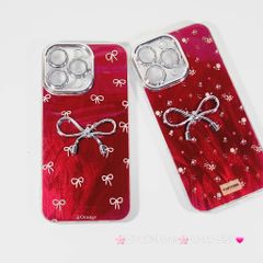 Case Ốp điện thoại iPhone Nơ Bạc Đỏ Bảo vệ camera đính đá iPhone 11/12/13/14/15/16/Pro/Promax