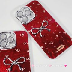 Case Ốp điện thoại iPhone Nơ Bạc Đỏ Bảo vệ camera đính đá iPhone 11/12/13/14/15/16/Pro/Promax