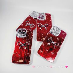 Case Ốp điện thoại iPhone Nơ Bạc Đỏ Bảo vệ camera đính đá iPhone 11/12/13/14/15/16/Pro/Promax