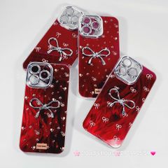 Case Ốp điện thoại iPhone Nơ Bạc Đỏ Bảo vệ camera đính đá iPhone 11/12/13/14/15/16/Pro/Promax