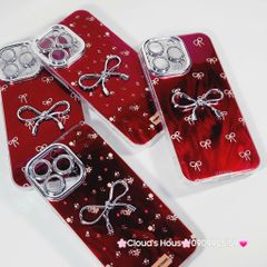 Case Ốp điện thoại iPhone Nơ Bạc Đỏ Bảo vệ camera đính đá iPhone 11/12/13/14/15/16/Pro/Promax