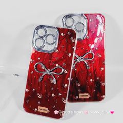 Case Ốp điện thoại iPhone Nơ Bạc Đỏ Bảo vệ camera đính đá iPhone 11/12/13/14/15/16/Pro/Promax