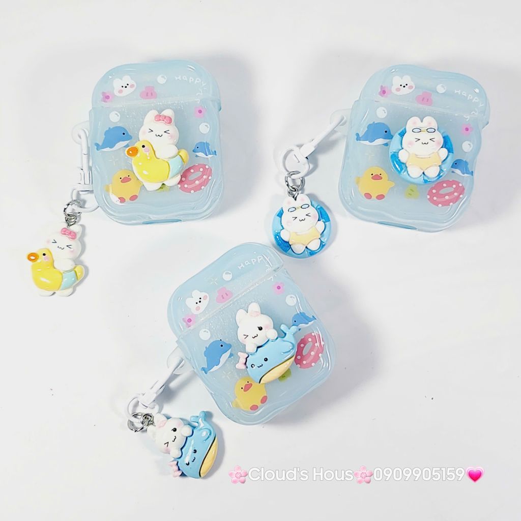 Cover Case Vỏ bảo vệ Airpod Thỏ Đi Bơi Icon Nổi Trong Xanh Phao Gợn Sóng Kèm Charm Airpod 1/2/3/Pro/Pro2