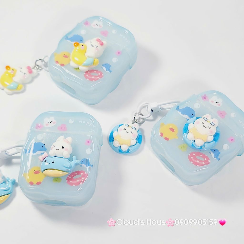 Cover Case Vỏ bảo vệ Airpod Thỏ Đi Bơi Icon Nổi Trong Xanh Phao Gợn Sóng Kèm Charm Airpod 1/2/3/Pro/Pro2