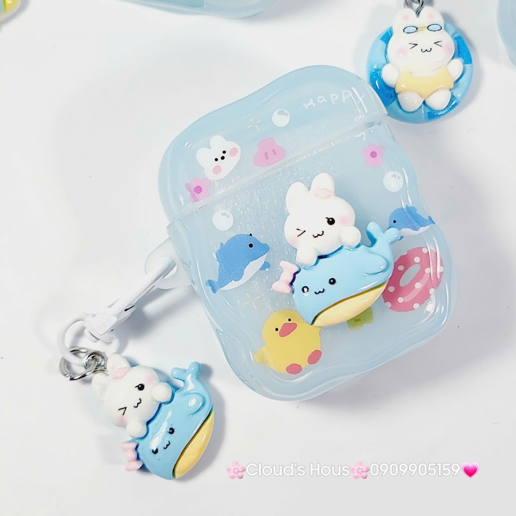 Cover Case Vỏ bảo vệ Airpod Thỏ Đi Bơi Icon Nổi Trong Xanh Phao Gợn Sóng Kèm Charm Airpod 1/2/3/Pro/Pro2