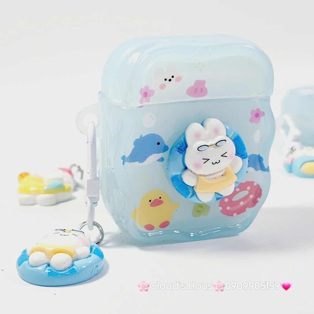 Cover Case Vỏ bảo vệ Airpod Thỏ Đi Bơi Icon Nổi Trong Xanh Phao Gợn Sóng Kèm Charm Airpod 1/2/3/Pro/Pro2