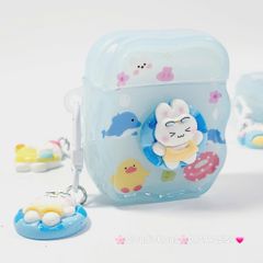 Cover Case Vỏ bảo vệ Airpod Thỏ Đi Bơi Icon Nổi Trong Xanh Phao Gợn Sóng Kèm Charm Airpod 1/2/3/Pro/Pro2