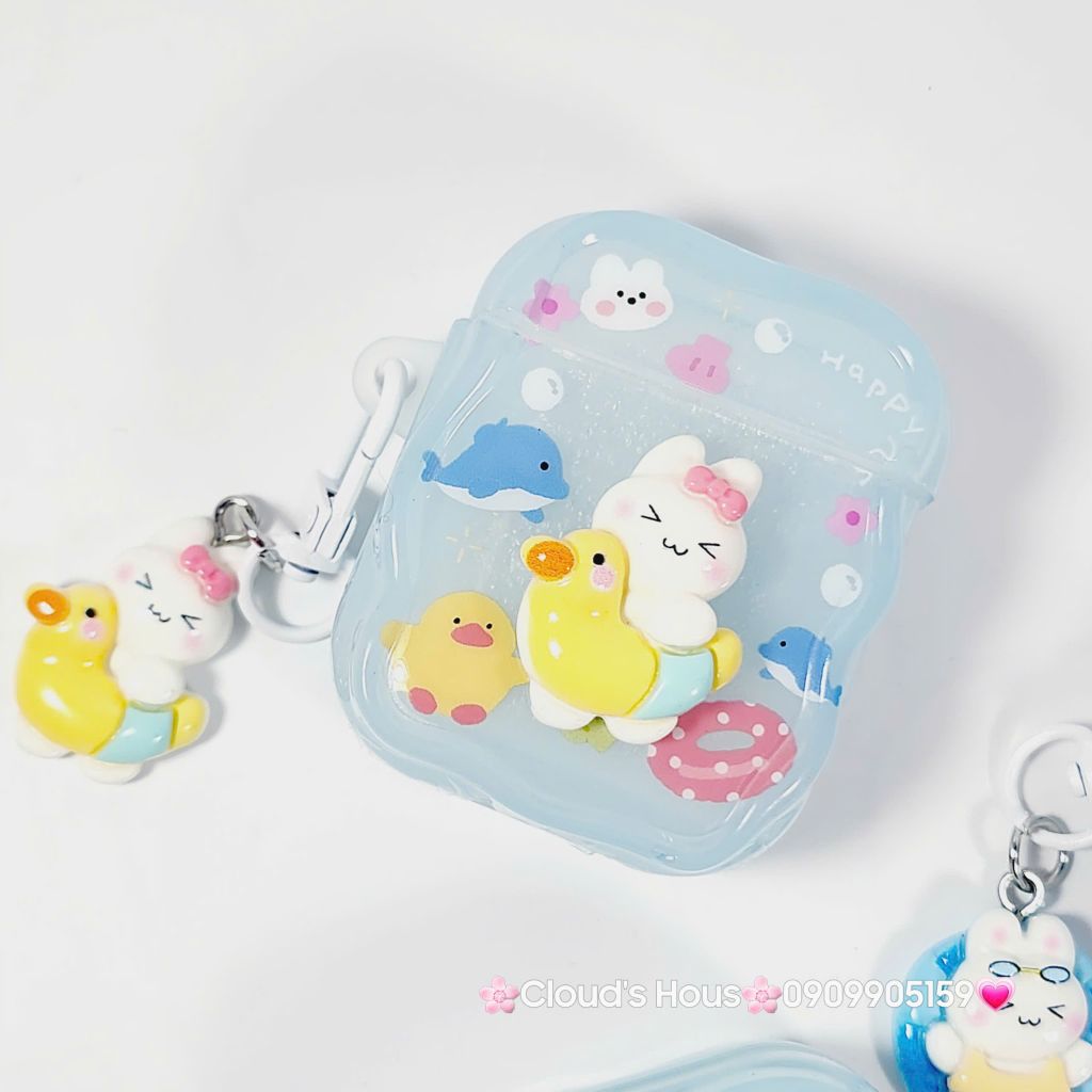 Cover Case Vỏ bảo vệ Airpod Thỏ Đi Bơi Icon Nổi Trong Xanh Phao Gợn Sóng Kèm Charm Airpod 1/2/3/Pro/Pro2