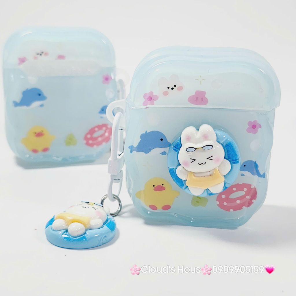 Cover Case Vỏ bảo vệ Airpod Thỏ Đi Bơi Icon Nổi Trong Xanh Phao Gợn Sóng Kèm Charm Airpod 1/2/3/Pro/Pro2